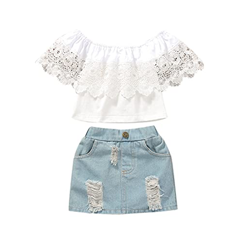 Baby Kleinkind Mädchen Sommerkleidung Schulterfrei Spitze Crop Top Rüschenhemd Zerrissene Denim Jeans Minirock Outfits von Verve Jelly