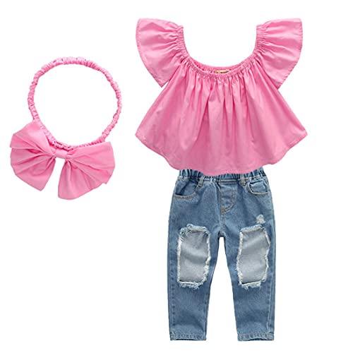 Baby Mädchen Denim Outfits Schulterfrei Rüschenbluse Crop Tops + Zerrissene Denim Jeans Stirnband Kinder Sommerkleidung Set von Verve Jelly