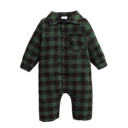 Baby Mädchen Jungen Rot Plaid Strampler Baumwolle Langarm Shirt Body Overall Button Down Overall Herbst Winter Outfit Set Grün 3-6 Monate von Verve Jelly