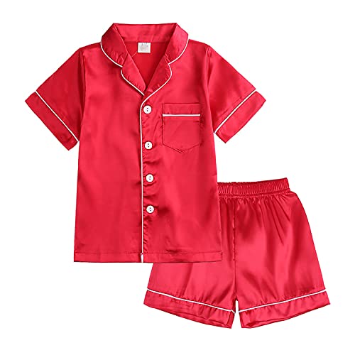 Baby-Pyjama-Set für Jungen und Mädchen kurzärmelig einfarbig Oberteil mit Knöpfen Hosen Nachtwäsche für den Alltag 140 Stil B Rot 8–9 Jahre von Verve Jelly