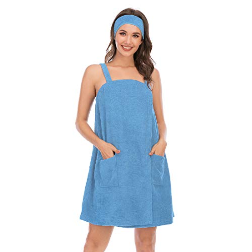 Damen Saunakilt, Damen Bademäntel für Spa Dusche Verstellbare Robe & Gesichts Stirnband mit Tasche Bequeme Home Wear Nachtwäsche, Hellblau, XL von Verve Jelly