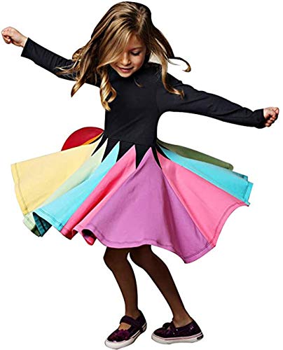 Kinder Baby Mädchen Regenbogen Kleid Langarm A-Linie Twirly Skater Freizeitkleid Baumwolle Geburtstagsfeier Prinzessin Sommerkleid Spielkleidung von Verve Jelly