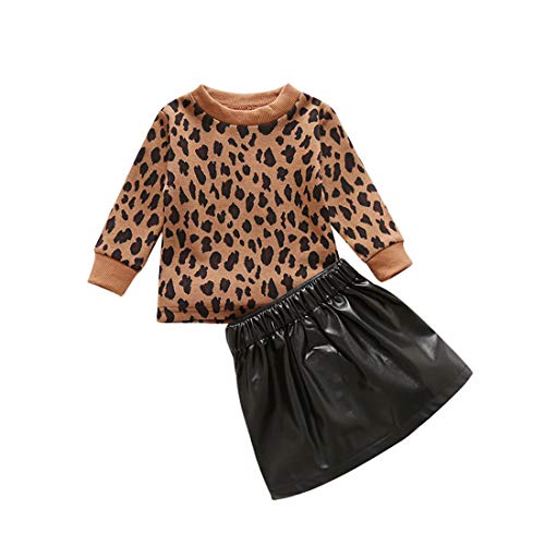 Kinder Kleinkind Baby Mädchen Lederrock Outfits Leopard Langarm Sweatshirt T-Shirt Tops PU Reißverschluss A-Linie Rock Herbst Winter Kleidung Set von Verve Jelly