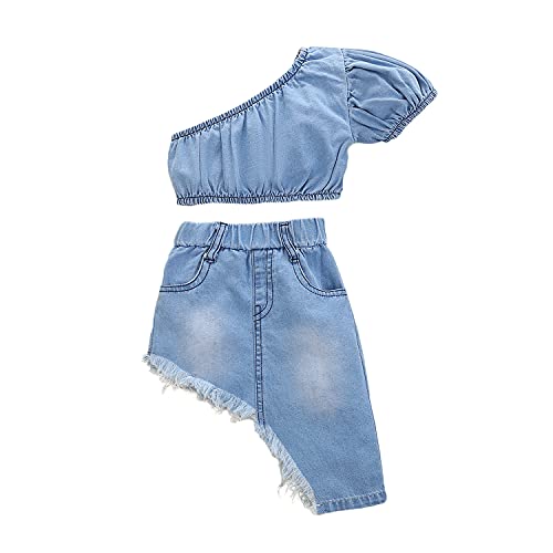 Kleine Baby Mädchen Jeansrock Outfits Schulterfrei Crop Top Bluse Shirt Unregelmäßige Jeans Rock Set Sommermode Kleidung Set Blau 90 1-2 Jahre von Verve Jelly