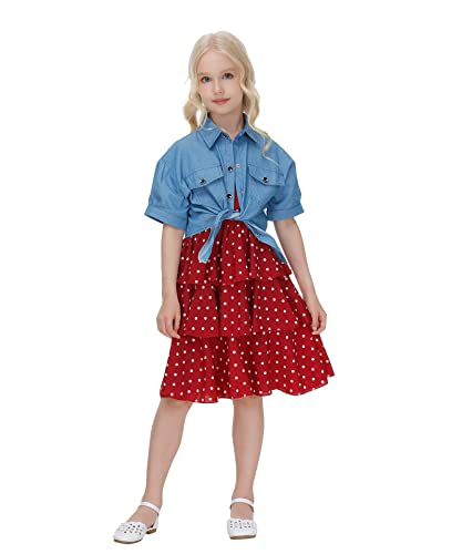 Kleine Mädchen Button Down Denim Jacken Mantel + Sommer Ärmellos Polka Dot Rüschen Neckholder Kleid Kinder Casual Partykleid von Verve Jelly