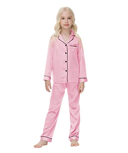 Kleinkind Baby Jungen Mädchen Satin Pyjama Langarm Top mit Knöpfen Hemd und lange Hose Einfarbig Nachtwäsche 2er Set Rosa 140 9 10 Jahre von Verve Jelly