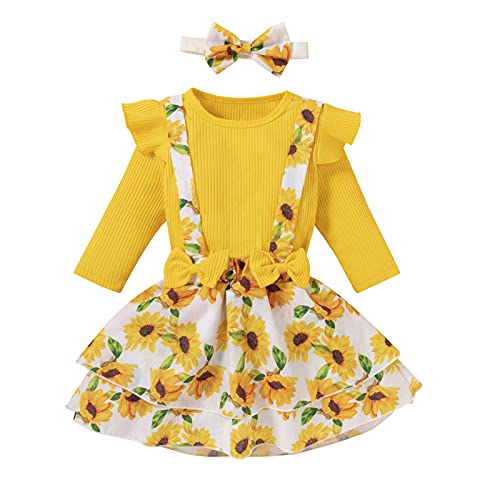 Kleinkind Baby Mädchen Lange Ärmel Festes Geripptes T-Shirt + Sonnenblume Overall Sets Sommer Herbst Hosenträger Rock Set Säuglings Geripptes Strick Outfit Gelb 120 4-5 Jahre von Verve Jelly