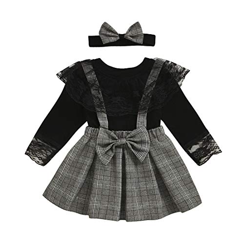 Kleinkind Baby Mädchen Plaid Hosenträger Rock Set Langarm Spitze Tops Shirt Hosenträger Kleid mit Stirnband 3Pcs Frühling Herbst Outfits, Schwarz, 90, 1-2 Jahre von Verve Jelly