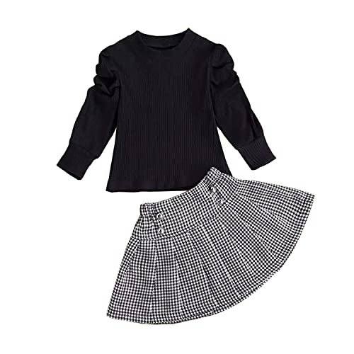 Kleinkind Baby Mädchen Strick Langarm Pullover T-Shirt Tops + Karierte Miniröcke Kleid Outfits Frühling Herbst Kleidung Set Schwarz 100 2-3 Jahre von Verve Jelly