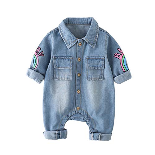 Kleinkind Denim Strampler Regenbogen Print Langarm Revers Bodysuit Jumpsuit One Piece Jeans Outfits von Verve Jelly