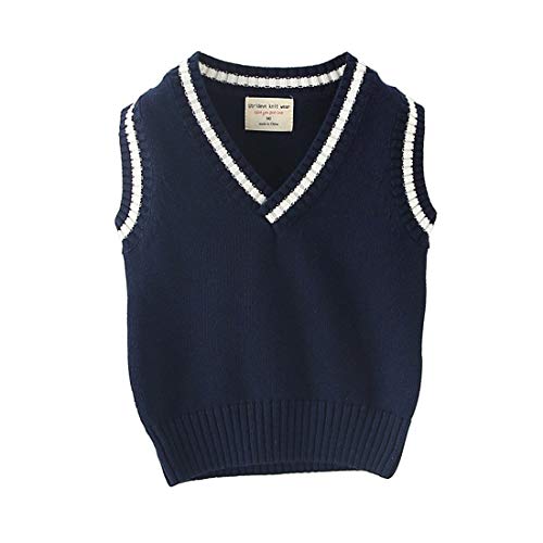 Kleinkind Jungen Pullover Stricken Winter Pullover Outfit für Baby Jungen Mädchen Uniform Weste V-Ausschnitt Pullover Weste Ärmellos Stricken Schule Pullover Dunkelblau 160 10-11 Jahre von Verve Jelly