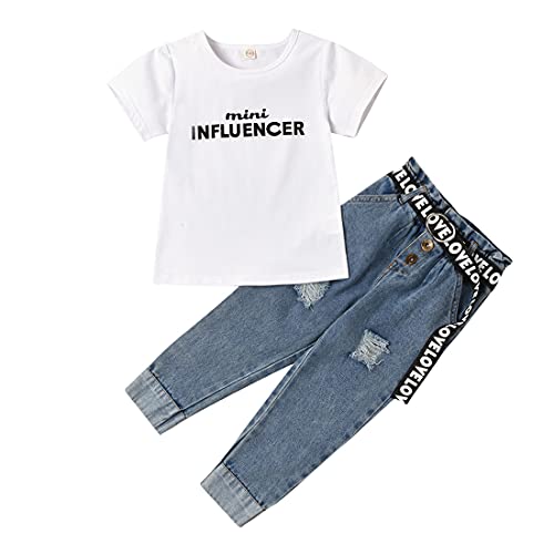 Kleinkind Kleine Mädchen Sommerkleidung Kurzarm Brief Print T-Shirt Tops Zerrissene Jeans Jeanshose 2Pcs Outfits Set von Verve Jelly