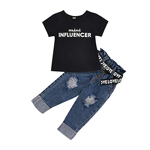 Kleinkind Little Girls Sommerkleidung Kurzarm Baumwolle T-Shirt Tops Ripped Jeans Jeanshose 2Pcs Fashion Outfits Set, Schwarz, 130, 5-6 Jahre von Verve Jelly