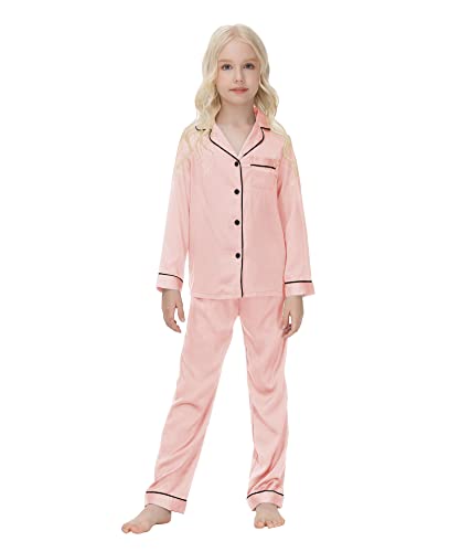 Mädchen Pyjama Set Langarm Button Down Shirt Oberteile mit Tasche + Lange Hose Herbst Pjs 2 Stück Nachtwäsche Button Down Nachtwäsche Nachthemd Champagner 150 11 12 Jahre von Verve Jelly