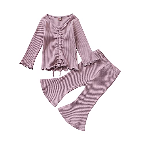 Verve Jelly Neugeborenes Baby Mädchen Gerippte Kleidung Outfits Einfarbig Gestrickte Baumwolle T-Shirt Kordelzug Tops Schlaghosen 2 Stück Sets Violett 80 6-12 Monate von Verve Jelly