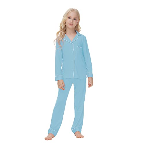 Verve Jelly 13-14 Jahre Kind Mädchen Jungen Seidenpyjama-Set Langarm-Nachtwäsche Button-Down-Pyjama-Set 2-teiliges Nachtwäsche-Set Hellblau 160 von Verve Jelly