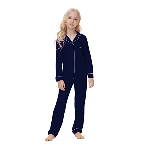 Verve Jelly 13-14 Jahre Mädchen Jungen Langarm Button-Down-Hemd Tops Hosen Pyjama-Set Nachtwäsche Loungewear 2-teiliges PJ-Set Marineblau 160 von Verve Jelly