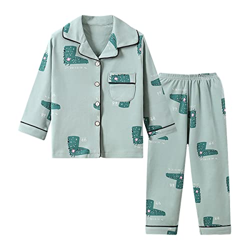Verve Jelly 2 Stück Kinder Mädchen Jungen Pyjama Set Button-Down Nachtwäsche Loungewear PJS Langarm Shirt Tops + Hose Grün 110 3-4 Jahre von Verve Jelly