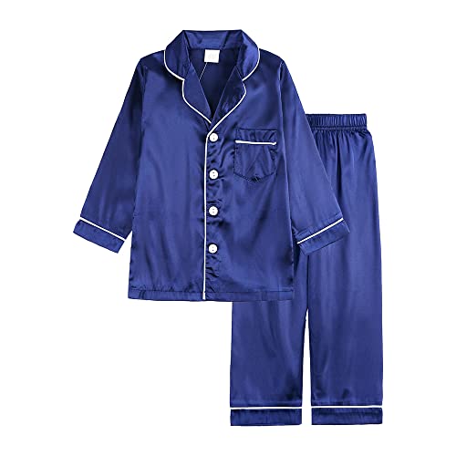 Verve Jelly 2 Teilig Kinder Mädchen Jungen Satin Pyjama Set Button-Down Nachtwäsche Loungewear PJS Langarm Tops + Hose Blau 160 12-13 Jahre von Verve Jelly