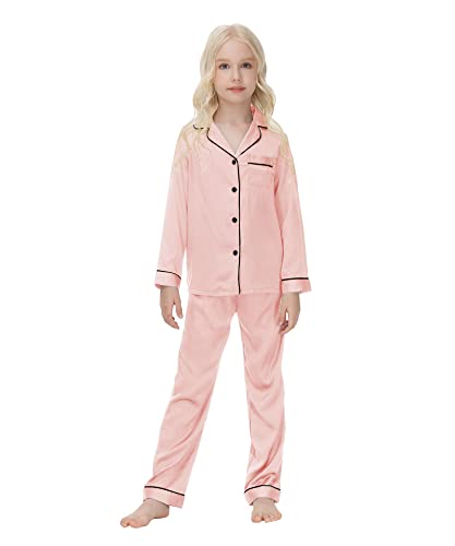 Verve Jelly 2 teiliges Kinder Pyjama Set aus Satin, Junge, Mädchen, geknöpft, Nachtwäsche, Loungewear, PJS, Langarm Tops + lange Hosen, Champagner, 140, 9–10 Jahre von Verve Jelly