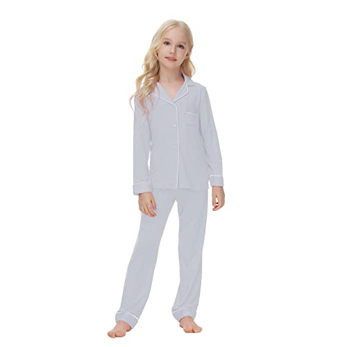 Verve Jelly 2-teiliges Pyjama-Set für Kinder Mädchen und Jungen langärmlig Button-Down-Schlafanzug Hemd lange Hose weiches Lounge-Set Nachtwäsche Grau 150 11–12 Jahre von Verve Jelly
