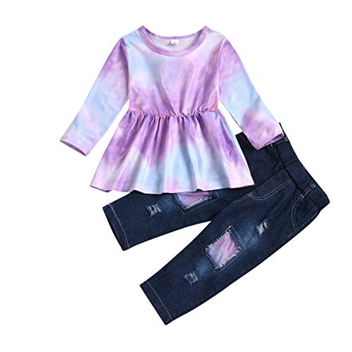 Verve Jelly 5-6 Jahre Kinder Kleinkind Mädchen Denim Hosen Outfits Langarm Tie Dye Shirt + Zerrissene Jeans 2PCS Kleidung Set Violett 120 5-6 Jahre von Verve Jelly