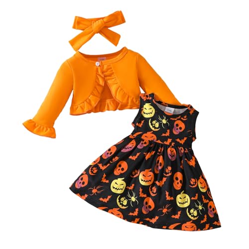 Verve Jelly Baby Girl Halloween Kleid und Strickjacke Set Säuglingsmädchen Kürbisabdruckkleider Outfit Set Ruffle Tops Herbst mit Stirnband Orange 6-9 Monate von Verve Jelly