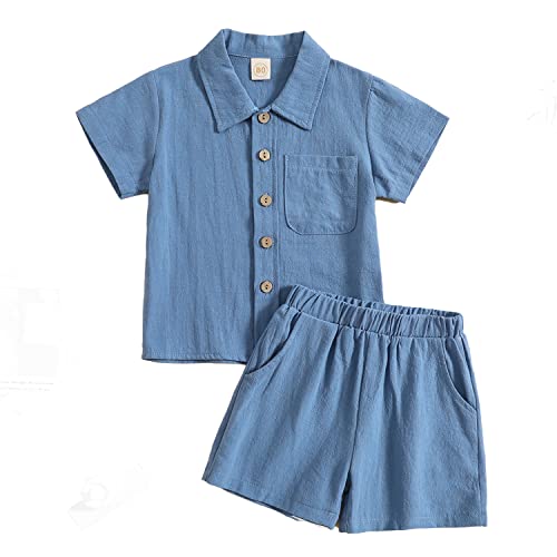Verve Jelly Baby Jungen Baumwolle Leinen Hosen Set Kleinkind Einfarbig T-Shirt Kurzarm Tops mit elastischen Hosen Sommer Kleidung Outfit Blau 2 110 2-3 Jahre von Verve Jelly