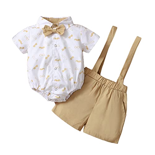 Verve Jelly Baby Jungen Gentleman Outfits Anzüge Schnurrbart Print Kurzarm Strampler + Fliege + Hosenträger Shorts 2 STÜCKE Sommerkleidung Beige 70 0-3 Monate von Verve Jelly