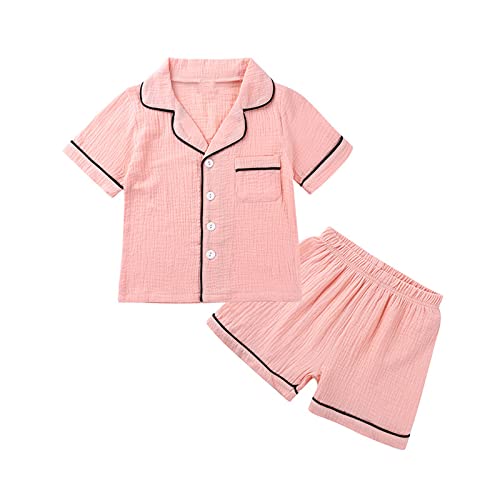 Verve Jelly Baby Jungen Mädchen Baumwolle Leinen Button-Down Pyjama Set Kurzarm Schlafhemd und Kurze Hose 2-teiliges Schlafanzug-Nachtwäsche-Set Rosa 120 5-6 Jahre von Verve Jelly
