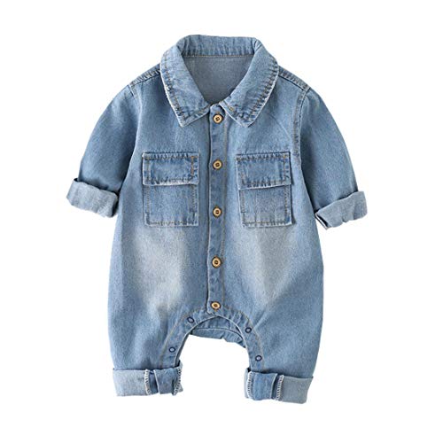 Verve Jelly Baby Jungen Mädchen Denim Strampler Giraffe Revers Langarm Jumpsuit Einteiliger Button Down Bodysuit von Verve Jelly