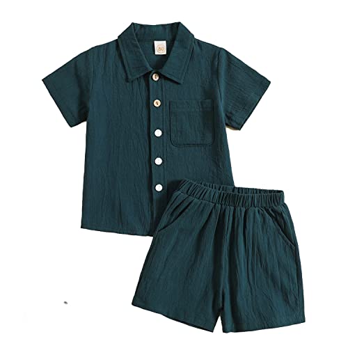 Verve Jelly Baby Kleinkind Junge Kleidung Baumwolle Leinen Kurzarm Button-Down-Hemd Tops + Kurze Hose 2-teiliges Sommer-Outfit-Set Grün 2 110 2-3 Jahre von Verve Jelly