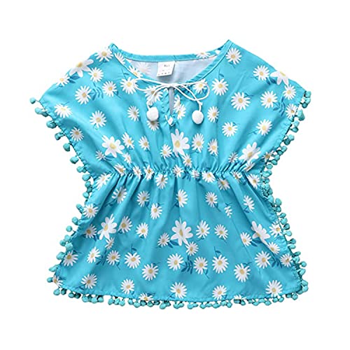 Verve Jelly Baby Mädchen Bademode Floral Cover-Ups Strand Sommerkleid Bommelborte Quaste Bälle Sommerkleid Poncho Wraps Sommer Strand Tops Set Blau 100 3-4 Jahre von Verve Jelly