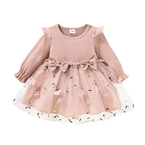 Verve Jelly Baby Mädchen Herbstkleid Outfit gestrickt Langarm gestrickt gerippt Bowknot Dekoration Tüll Kleid Prinzessin Partykleid Set rosa 12-18 Monate von Verve Jelly