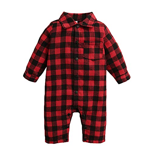 Verve Jelly Baby Mädchen Jungen Langarm Body Weihnachten Kariertes Hemd Strampler Button-Down Overalls Herbst Winter Outfits Rot 6-9 Monate von Verve Jelly