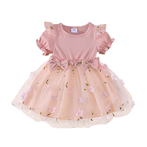 Verve Jelly Baby Mädchen Kleinkind Tutu Kleid Kurzarm Prinzessin Blumenkleid Säugling Tüll Sommerkleid Gestrickte Tunika Tops Sommerkleid Kurzarm Rosa 9–12 Monate von Verve Jelly