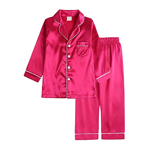 Verve Jelly Baby Mädchen Satin Pyjama Set 2Pcs Teens Seide Nachtwäsche Button-Down Hemd Lange Hose Nachtwäsche für Kinder Rose Rot 140 8-9 Jahre von Verve Jelly