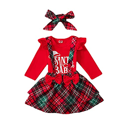 Verve Jelly Baby Mädchen Weihnachten Outfits Rüschen Langarm Strampler Overall Tops Plaid Hosenträger Rock Stirnband 3 Stück Weihnachtskleidung Set Rot 2 80 9-12 Monate von Verve Jelly