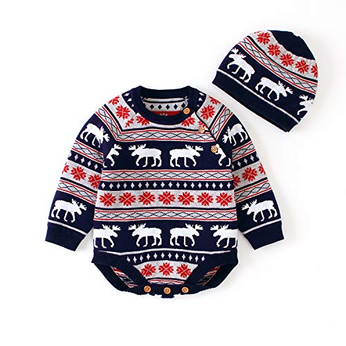 Verve Jelly Baby Neugeborenes Jungen Mädchen Strickpullover Strampler Langarm Bodysuit Baumwolle Overall Weihnachten Outfit mit Warmer Mütze Set Strampler Blau 90 6-12 Monate von Verve Jelly