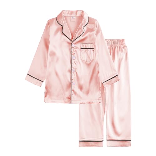 Verve Jelly Beansand 140 8–9 Jahre Satin-Pyjama-Set für Kinder Kleinkinder Babys Mädchen Jungen langärmlig Pyjama-Hemd mit Knopfleiste Oberteil und Hose Nachtwäsche Outfits von Verve Jelly