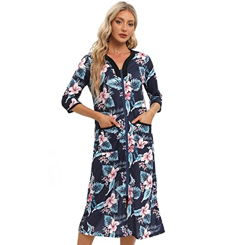 Verve Jelly Damen-Bademantel mit Reißverschluss, 3/4-Ärmel, Blumendruck, leicht, Hausmäntel mit Taschen, Loungewear, Marineblau 2, 38 von Verve Jelly