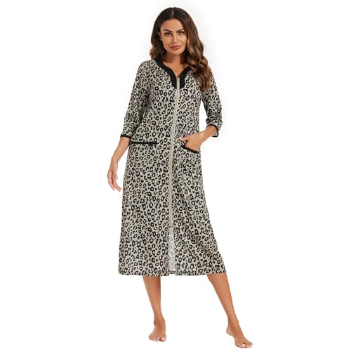 Verve Jelly Damen-Bademantel mit Reißverschluss, 3/4-Ärmel, Blumendruck, leicht, Hausmantel mit Taschen, Loungewear für Damen, Leopard 2, 48 Verve Jelly Damen-Bademantel mit Reißverschluss, 3/4-Ärmel, Blumendruck, leicht, Hausmantel mit Taschen, Loungewear für Damen, Leopard 2, 48 von Verve Jelly