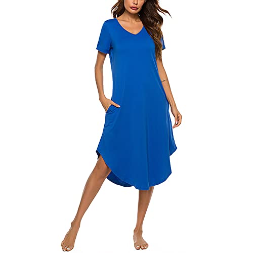 Verve Jelly Damen Nachthemd Kurzarm Nachthemd Einfarbig Nachtwäsche Pyjamakleid Locker Loungewear Blau L von Verve Jelly