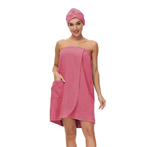 Verve Jelly Frauen Badetuch für Spa Dusche Verstellbarer Bademantel Trägerlos Badetuch Weiche Mikrofaser Bademäntel Wrap mit Haar Turban, wassermelone, 42 von Verve Jelly