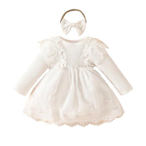 Verve Jelly Herbstkleid für Baby Mädchen langärmliges geripptes Spitzen-Blumen-Tutu-Kleid mit Stirnband Kleid für Fotoshooting zum ersten Geburtstag weiß 9–12 Monate von Verve Jelly