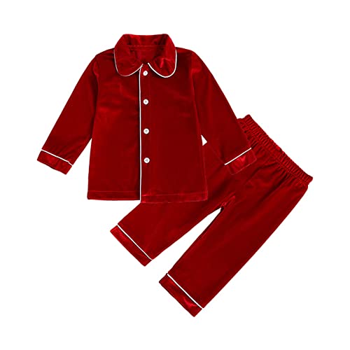 Verve Jelly Kinder Baby Mädchen Junge Pyjama Set Langarm Knopf Hemd Oberteil + Elastische Taille Hose 2 Stück Pyjs Schlafanzug Fleece Nachtwäsche Outfit 90 Rot3 1-2 Jahre von Verve Jelly