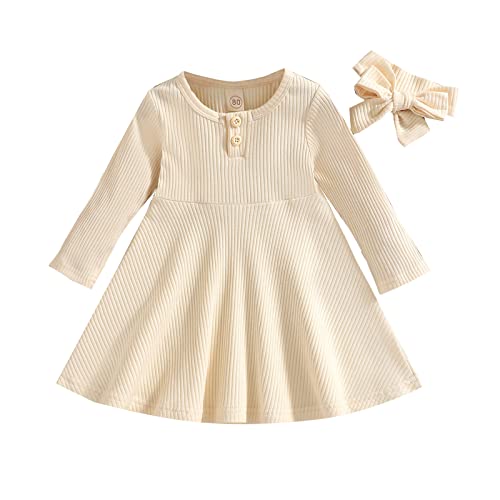 Verve Jelly Kinder Kleine Mädchen Langarmkleider Rippstrick Pullover Kleid Solide Rüschen A-Linien Kleid Tutu Rock mit Stirnband Herbst-Winter-Kleidungsset Beige 80 6-12 Monate von Verve Jelly