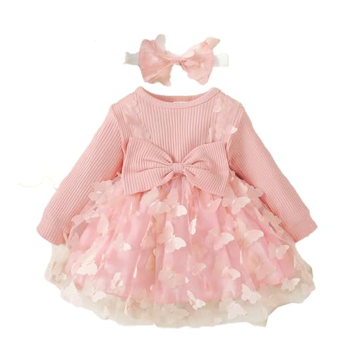 Verve Jelly Kinder Kleinkind Baby Mädchen Herbst Winter Kleid Solides Rüschenkleid Langarmkleid Prinzessin Party Rock Outfit Set mit Stirnband Rosa 2 0-3 Monate von Verve Jelly