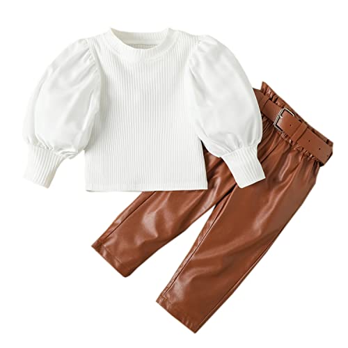 Verve Jelly Kinder Kleinkind Baby Mädchen Kleidung Set Langarm Gestrickte T-Shirt Tops mit Leder Lange Hosen 2 Stücke Herbst Winter Outfit Weiß 100 2-3 Jahre von Verve Jelly