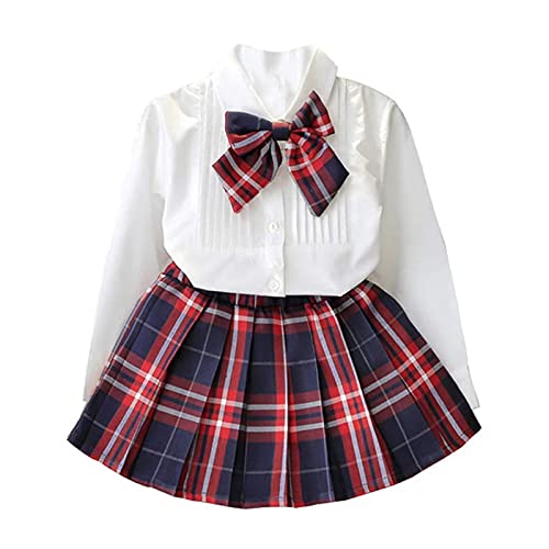 Verve Jelly Kinder Kleinkind Baby Mädchen Rock Outfit Rüschen Langarmshirt Weißes T-Shirt Top Plaid Faltenrock A-Linie Minikleid 2 Stück Herbst Kleidung Set Rot 7 2-3 Jahre von Verve Jelly